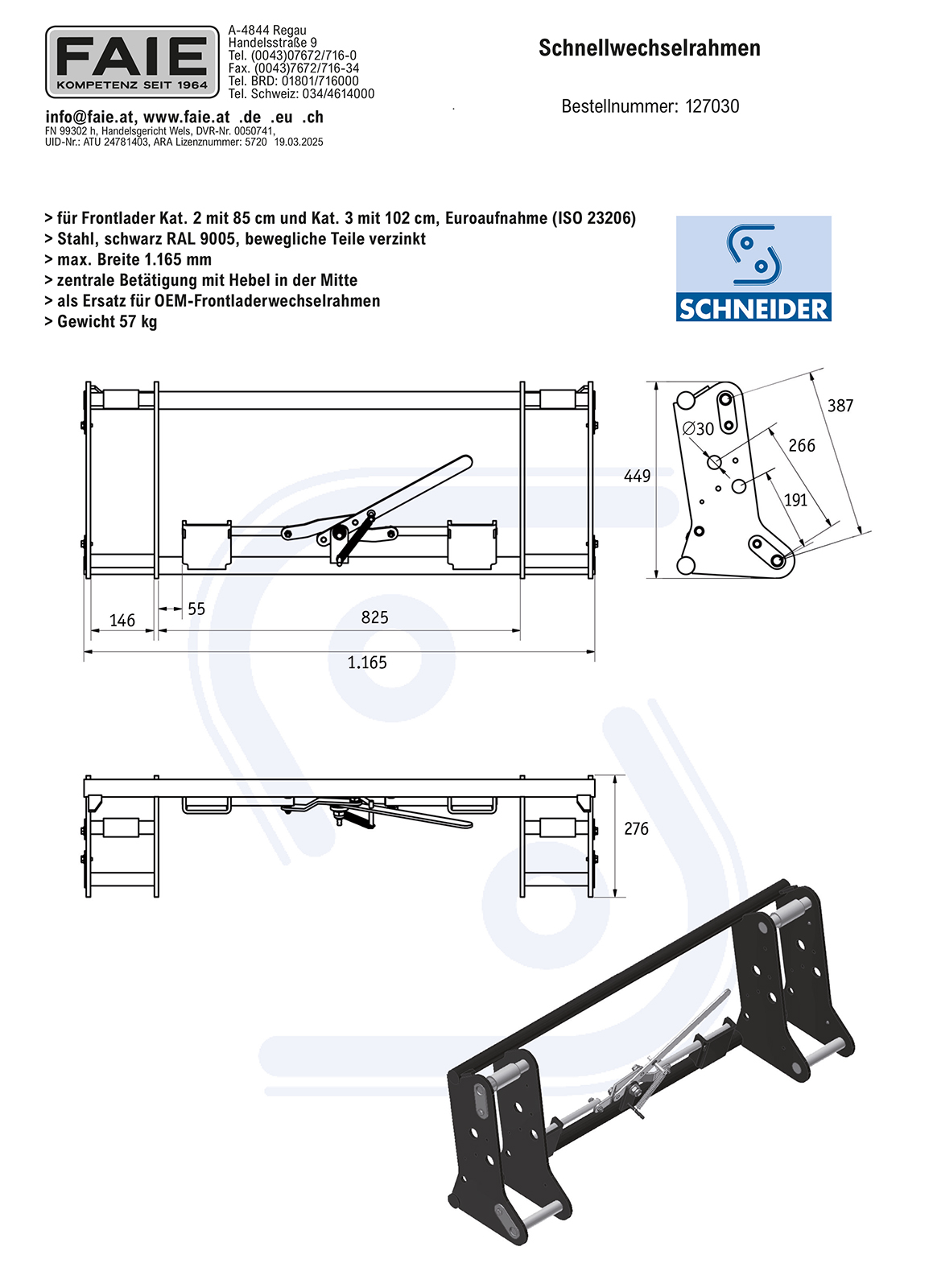 Schnellwechselrahmen für Frontlader Kat.2(85 cm) und Kat.3(102 cm) mit zentraler Verriegelung