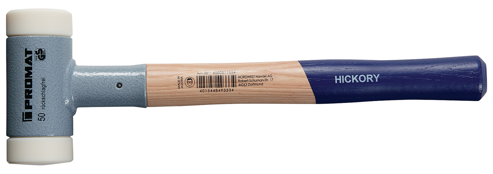 Schonhammer Gesamtlänge 370 mm Kopf-D. 50 mm Hickory rückschlagfrei hart Nylon weiß