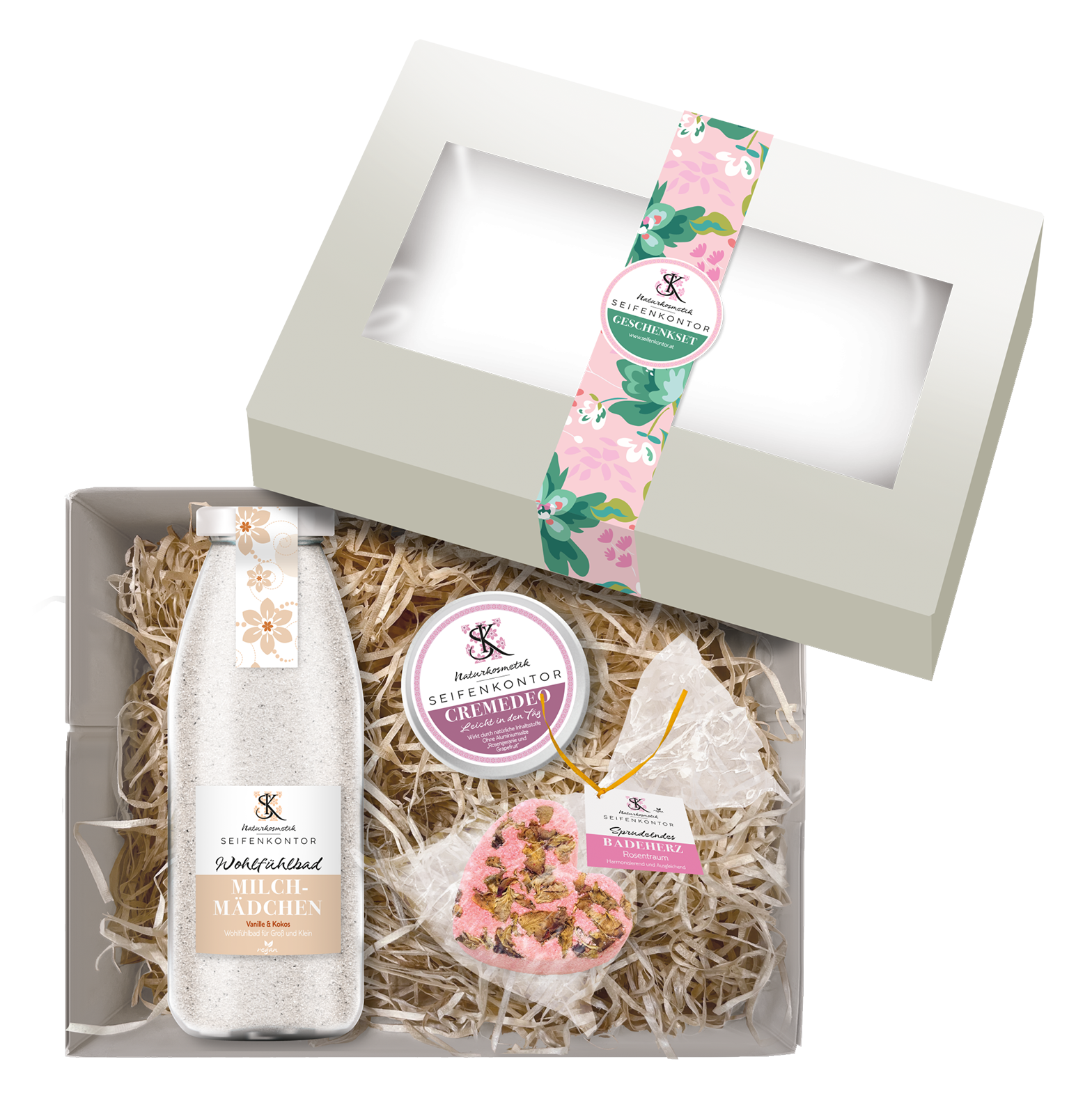 Geschenk-Set Relax Badeherz, Milchmädchenbad und Deocreme