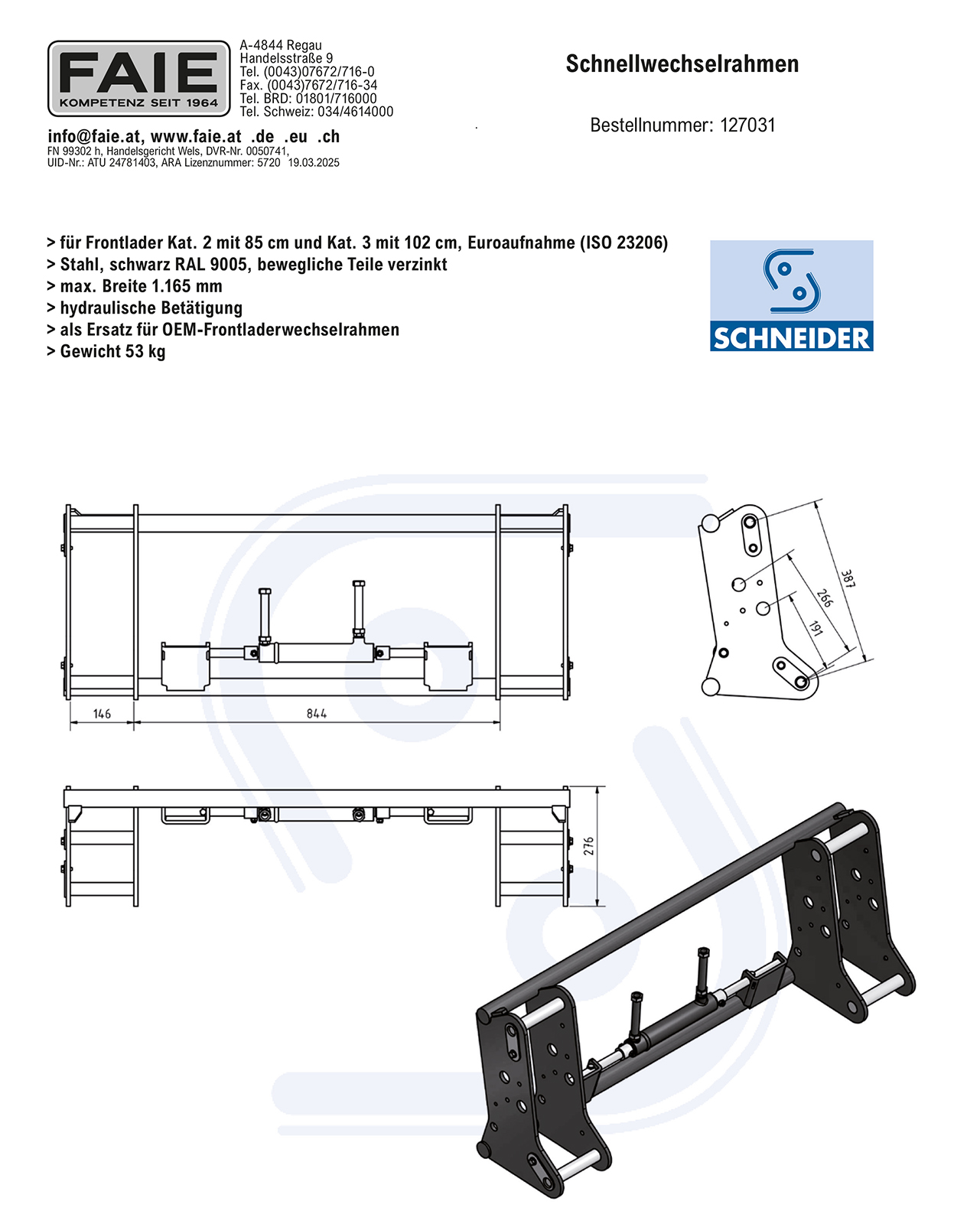 Schnellwechselrahmen für Frontlader Kat.2(85 cm) und Kat.3(102 cm) mit hydraulischer Verriegelung