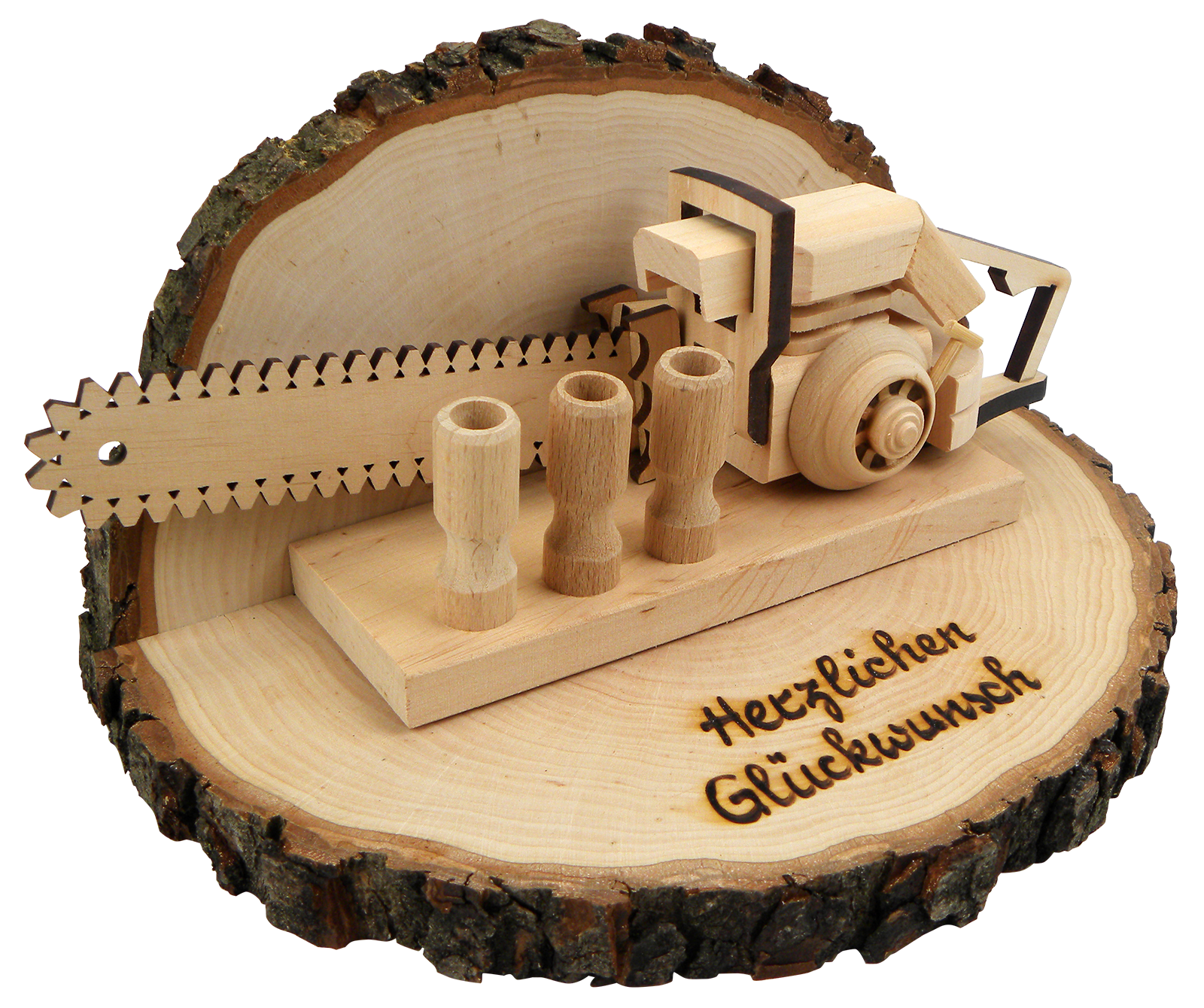 Motorsäge auf Holzscheibe