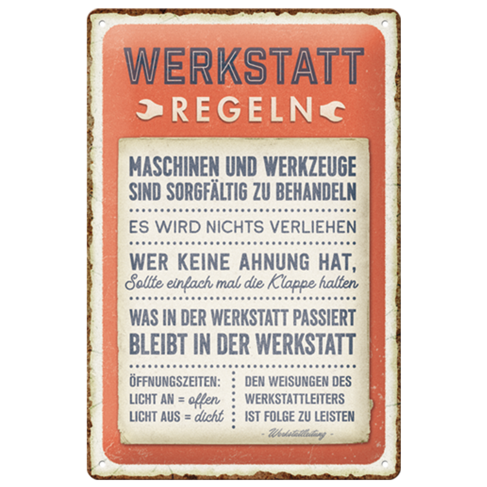 Blechschild Werkstattregeln  20x30cm