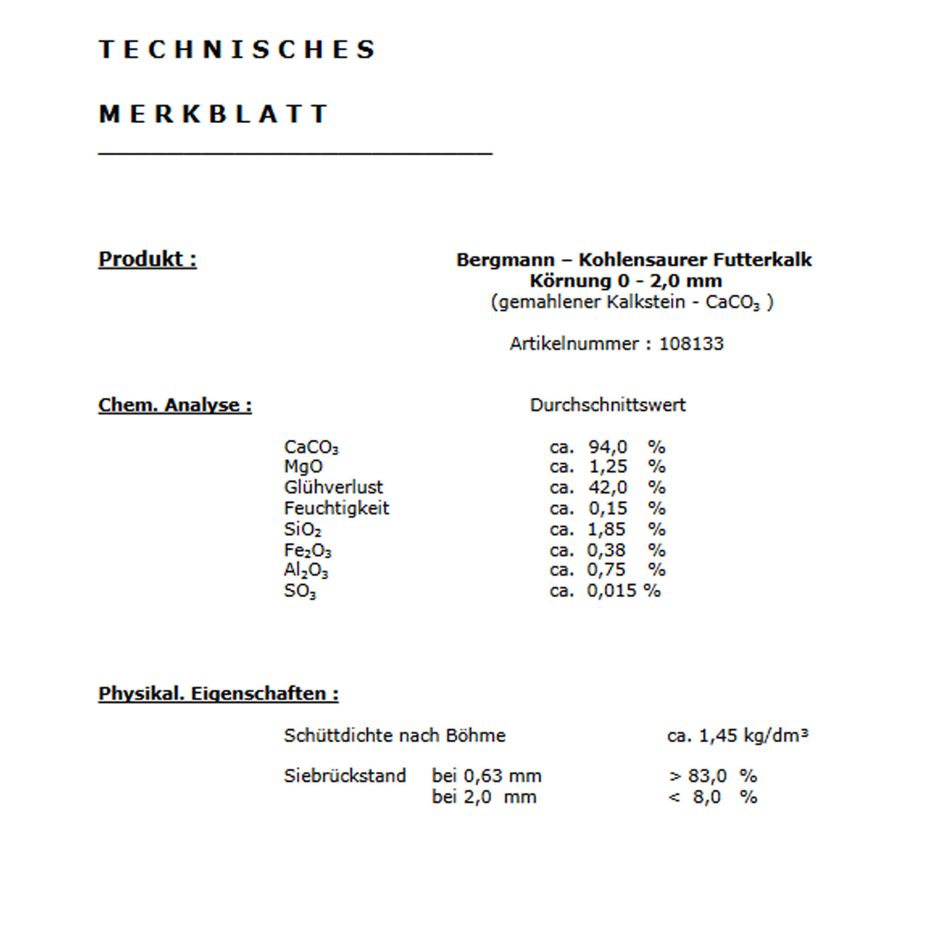 Geflügel-Futterkalk 0-2,0 mm - 25 kg Sack