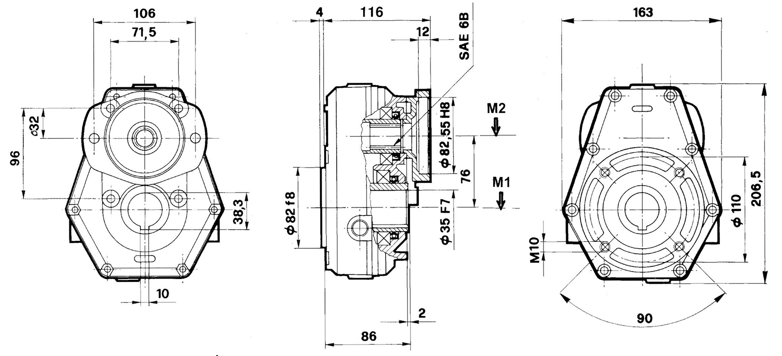 Untersetzungsgetriebe 2 : 1 Gr.2 für Ölmotore mit SAE-A Anschlussflansch und Wellen-ø 25 mm