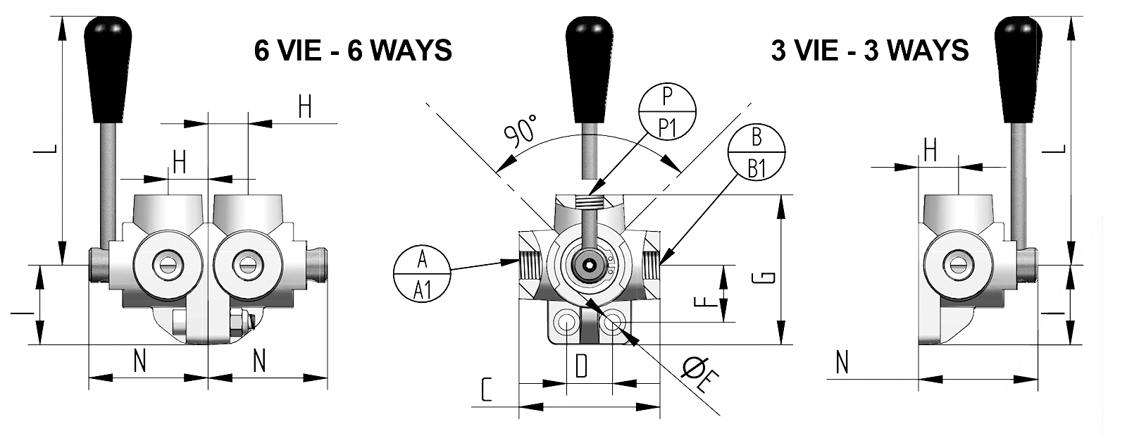 6/2-Wegeventil mechanisch umschaltbar, Mittelstellung offen, für Rohrleitungseinbau