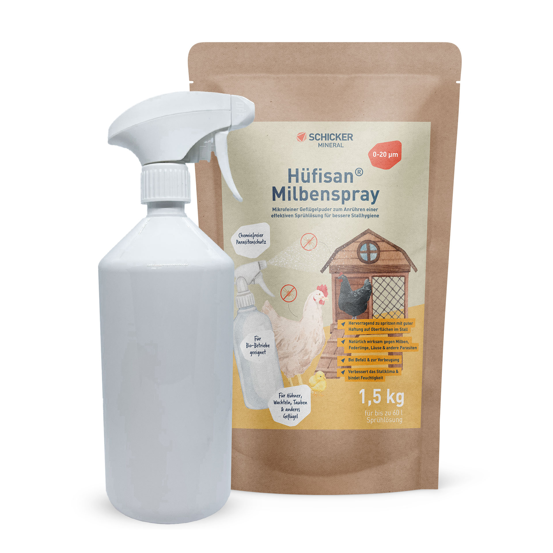 Hüfisan® Milbenspray Starterset - 1,5 kg Sack + 1.000 ml Sprühflasche