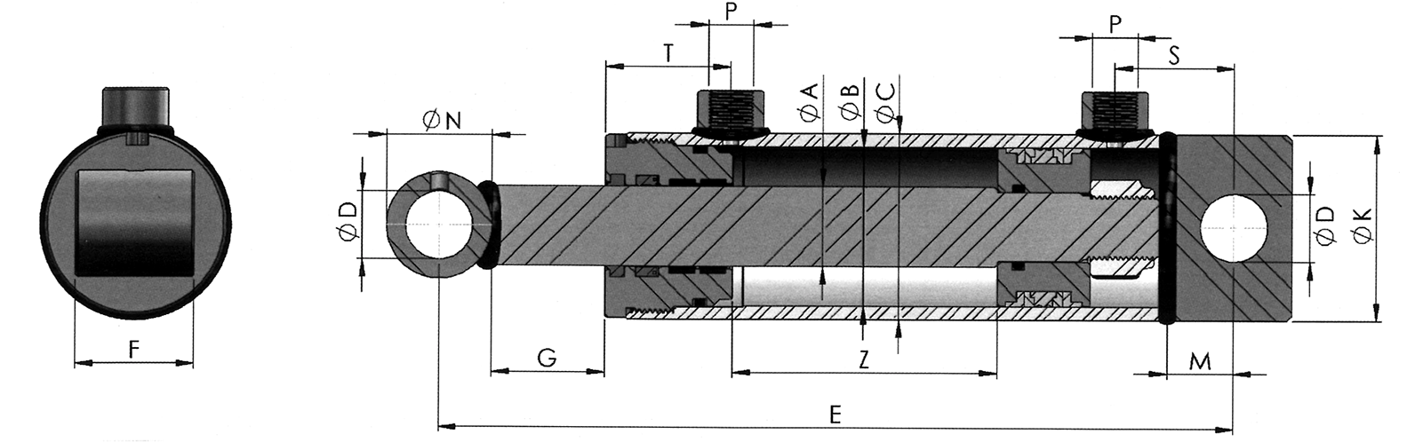 Hydraulikzylinder doppeltwirkend mit Querbohrung und Querbuchse Ø25,5 mm, Kolben-Ø B=60 mm, Kolbenstange-Ø A=30 mm