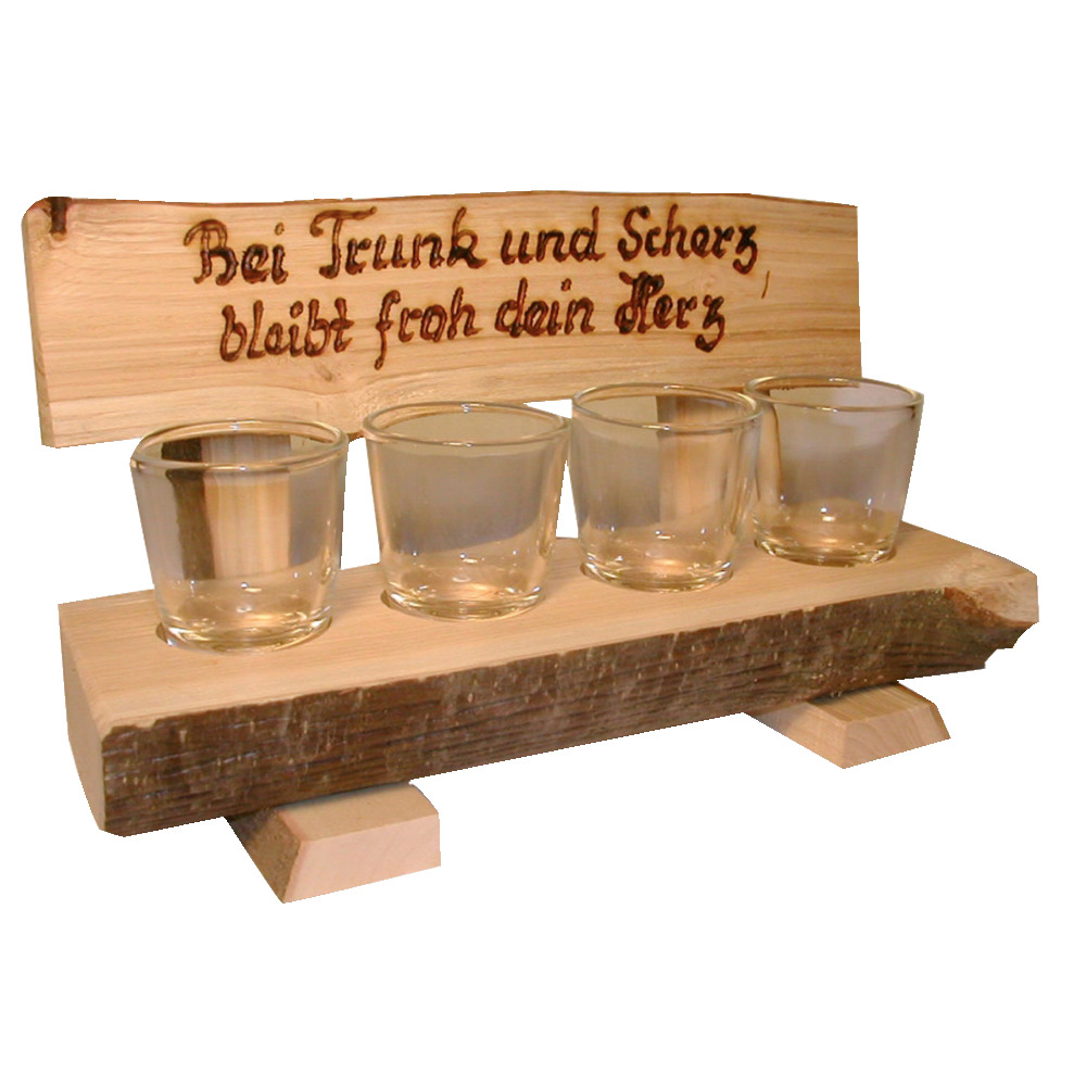 Bankerl mit 4 Schnapsstamperl mit Spruch
